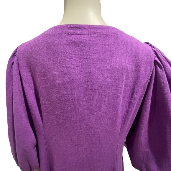 J.Jill Petite M Purple Puff Sleeve Linen Blend Midi Dress Button Front Boho - Picture 8 of 13